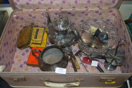 Vintage Suitcase Containing EPNS Teapots, Househol