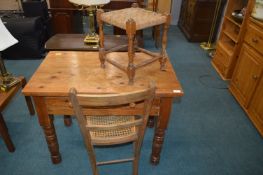 Small Pine Desk with Chair and Rattan Stool
