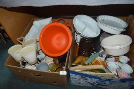 Two Boxes of Kitchenware: Mugs, Bowls, Pans, etc.