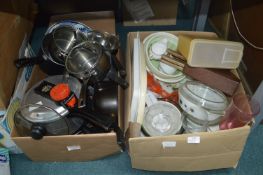 Two Boxes of Kitchenware: Pans, Pyrex Dishes, etc.