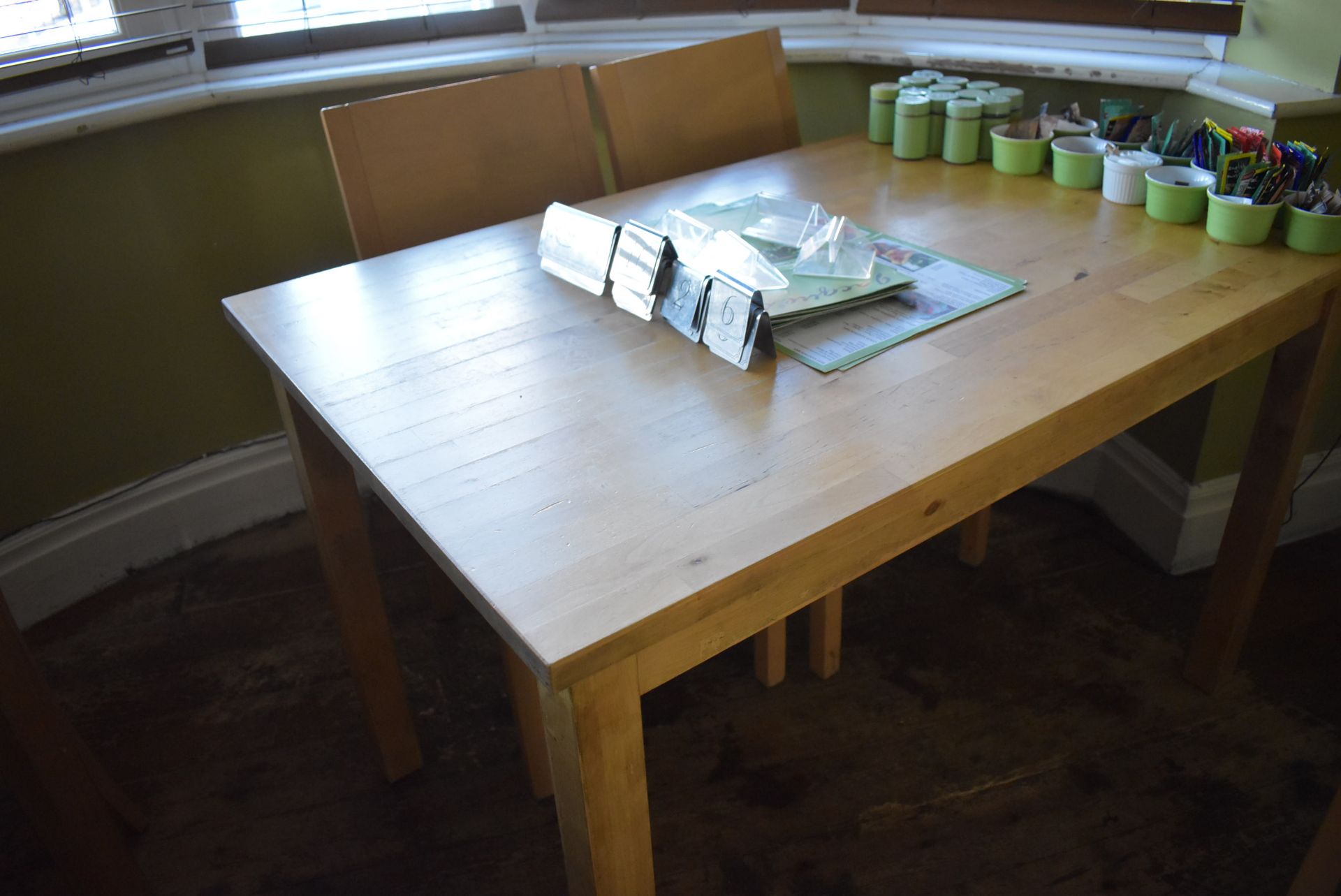 *Six 74cm Square Beech Café Style Table on Square Legs and One Matching 119x74cm Rectangular Table - Image 2 of 2