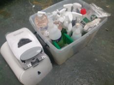 * selection of cleaning supplies, sanitisers and dispensers