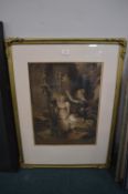 Framed Victorian Print of Two Girl Musicians