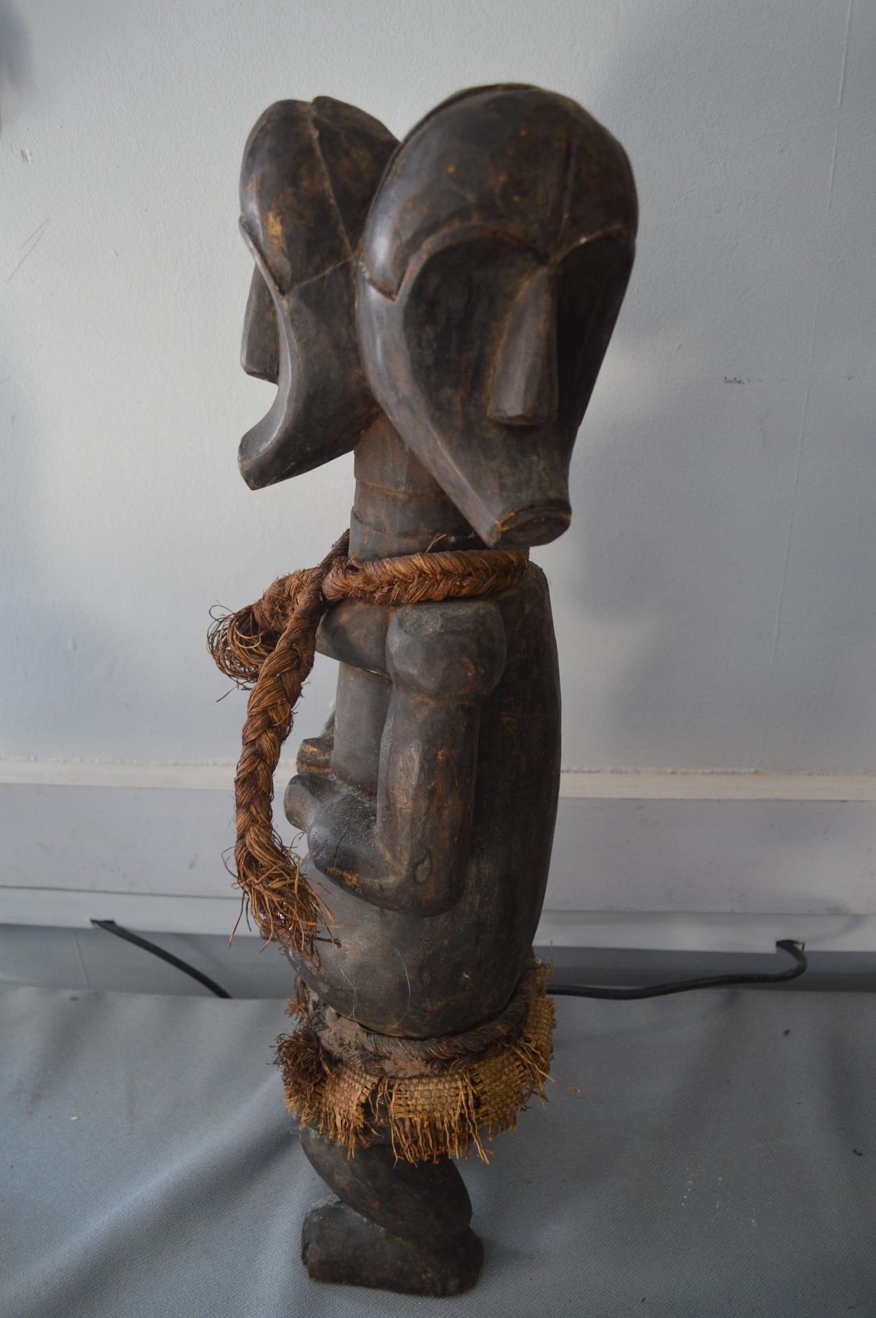 Carved Wooden Three Headed Tribal Figure with Rope Decoration - Image 3 of 5