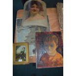 Three Unframed Original Painting and a Small Gilt Framed Oil on Board