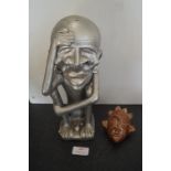 Silver Painted Terracotta Tribal Figure, plus a Small Terracotta Head