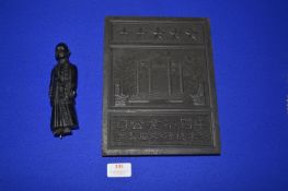Press Moulded Black Chinese Plaque plus Carved Wooden Chinese Figure