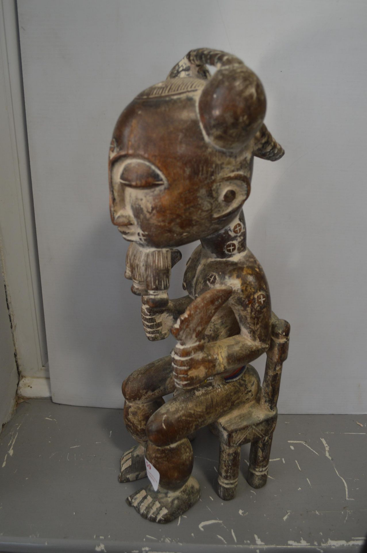 Balue Carved Wooden Seated Male Figure with Bead Decoration - Image 2 of 4