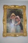 Oil on Canvas Study of Two Young Girls by G. Clausen in Original Gilt Frame