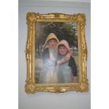 Oil on Canvas Study of Two Young Girls by G. Clausen in Original Gilt Frame