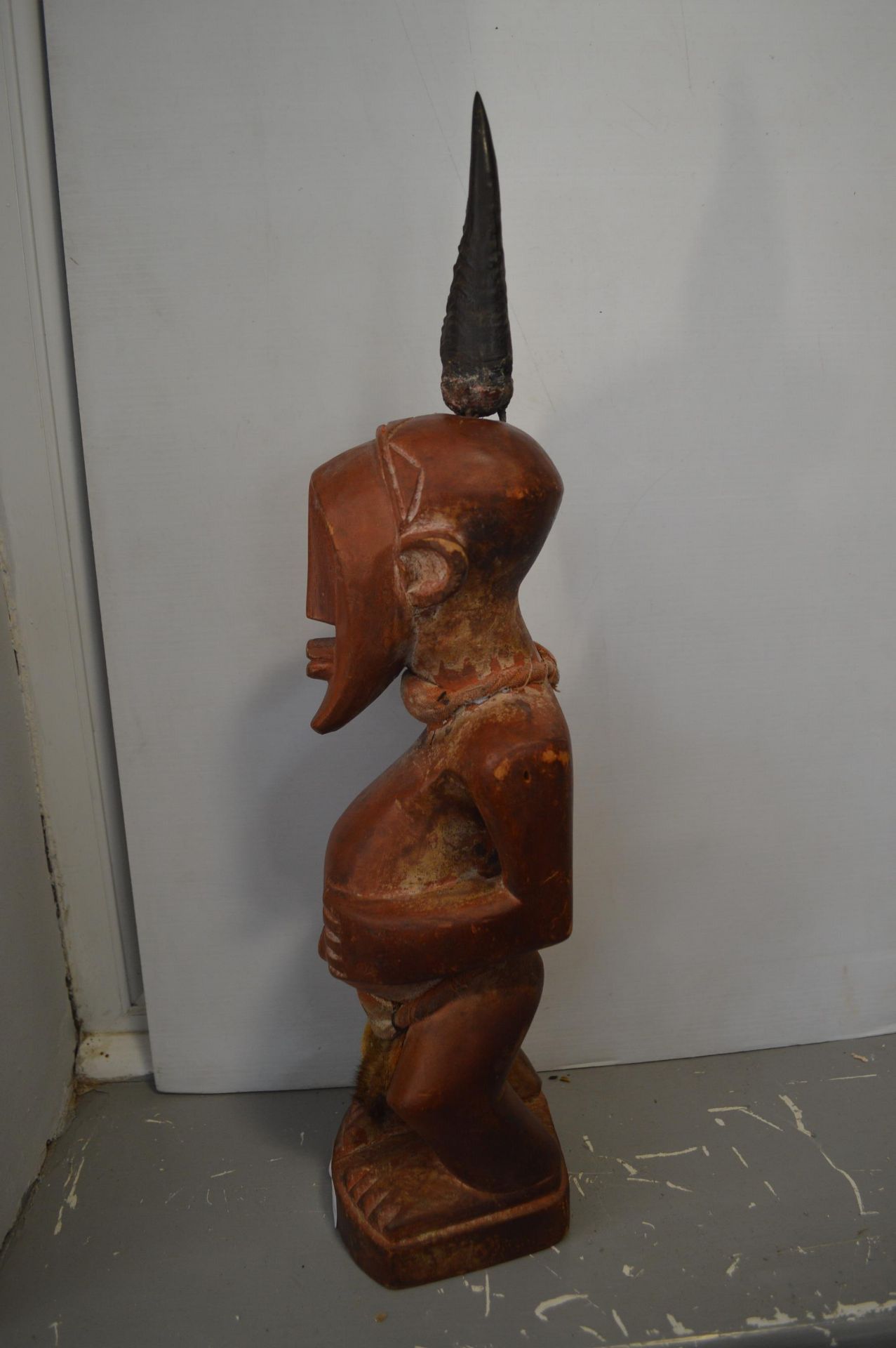 African Carved & Painted Wooden Fertility Figure with Horn and Fur Adornments - Image 2 of 4