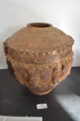 Large Glazed Clay Pot with Figural Decoration 28cm tall