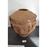 Large Glazed Clay Pot with Figural Decoration 28cm tall