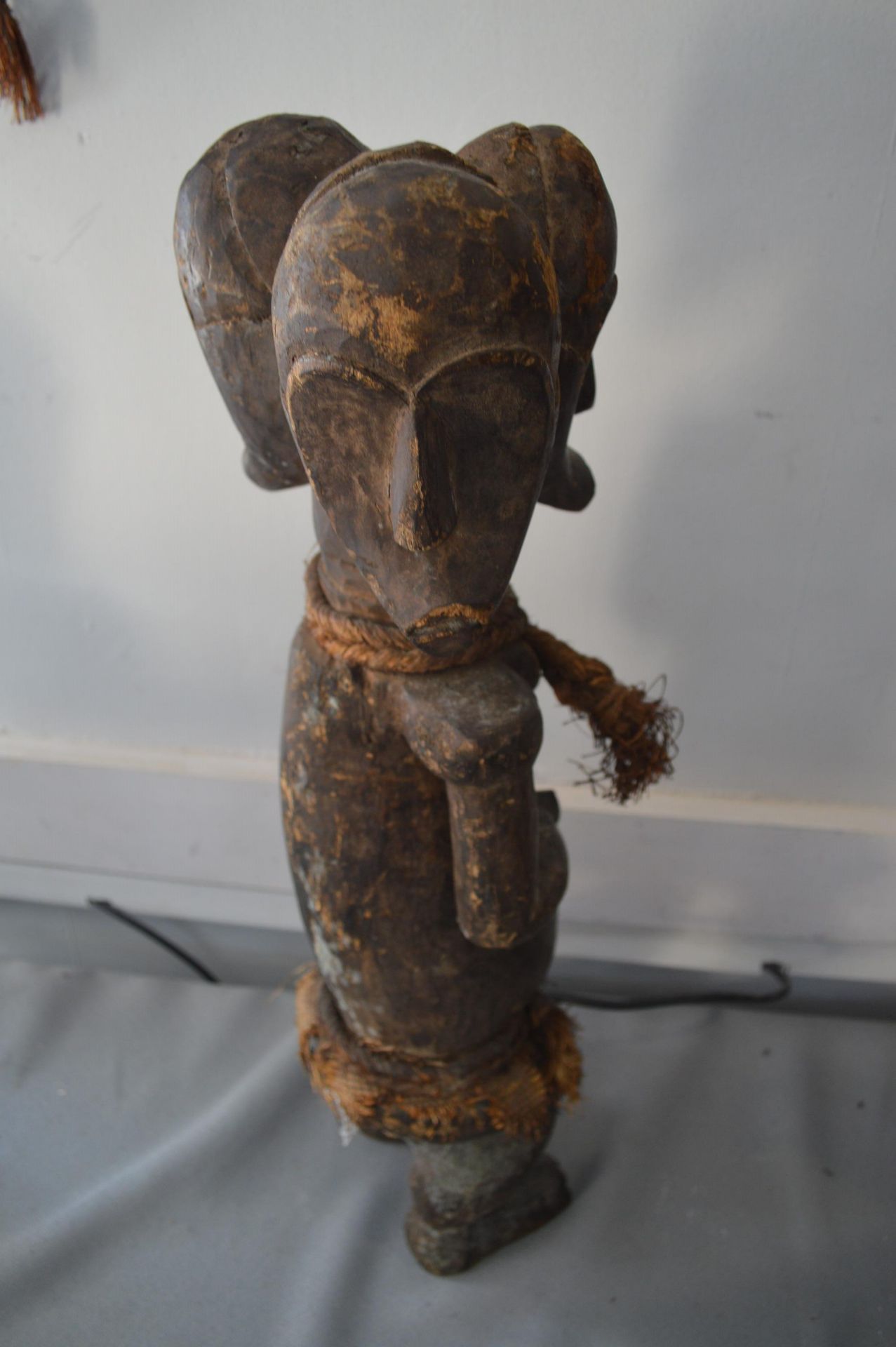 Carved Wooden Three Headed Tribal Figure with Rope Decoration - Image 5 of 5