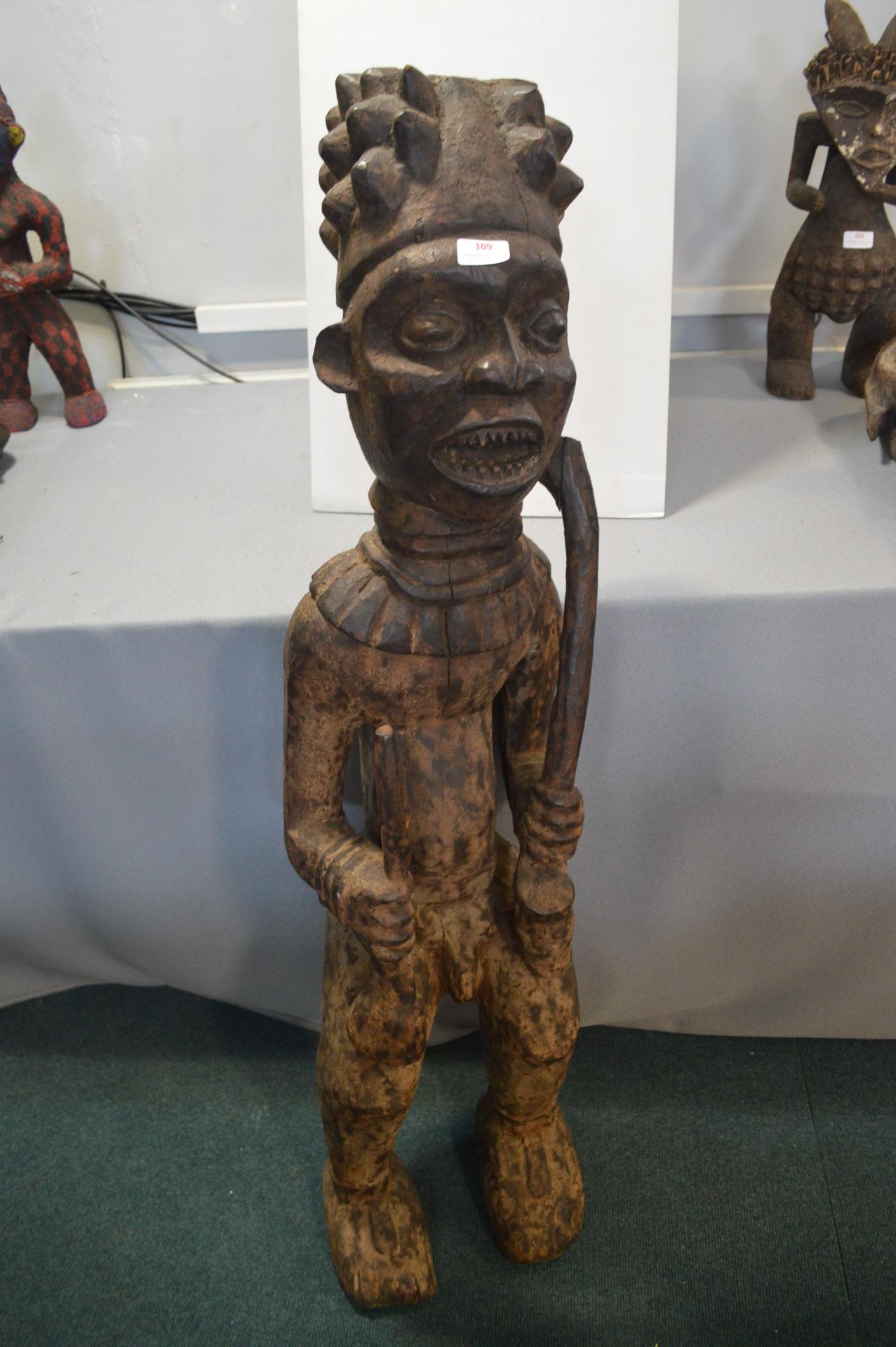 Songye Carved Wooden Figure of a Drummer 120cm tall
