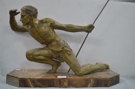 French Art Deco Hunter Sculpture by Jean De Roncourt circa 1925 in Patinated Spelter on Marble Base