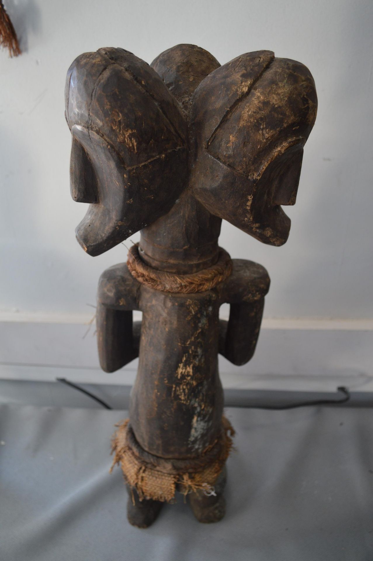 Carved Wooden Three Headed Tribal Figure with Rope Decoration - Image 4 of 5