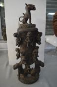 Large Benin Bronze Lidded Vessel on Three Dogs with Dog Lid and Human Figures 64cm high (damaged