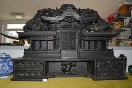 Black Painted Carved Wooden Chinese Temple 114cm long 90cm tall (has been restored “for export”