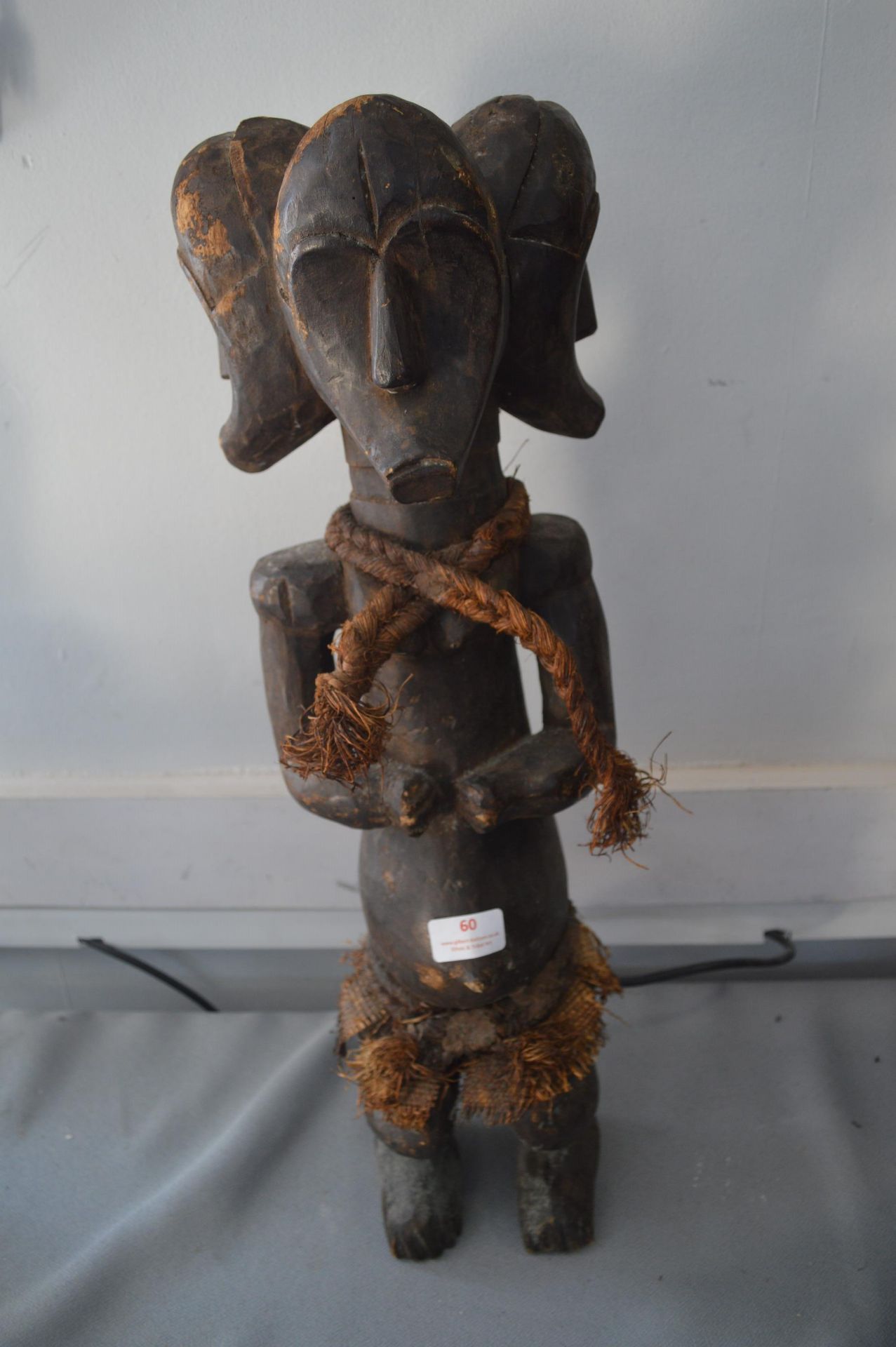 Carved Wooden Three Headed Tribal Figure with Rope Decoration - Image 2 of 5