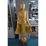Carved Wooden Gilded Figure of a Standing Buddha 163cm tall