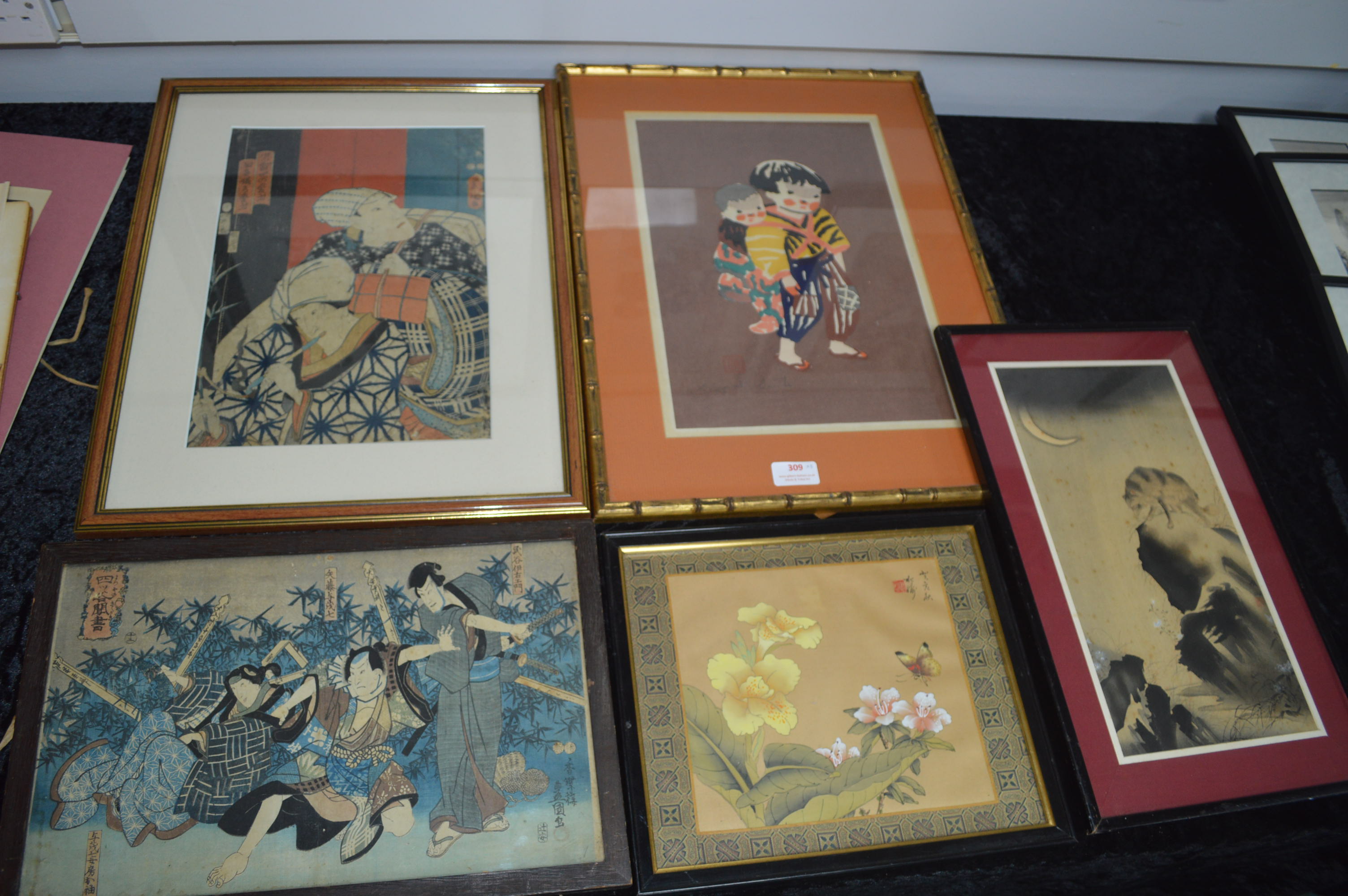 Five Framed Japanese Prints, Watercolours, etc.