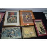 Five Framed Japanese Prints, Watercolours, etc.