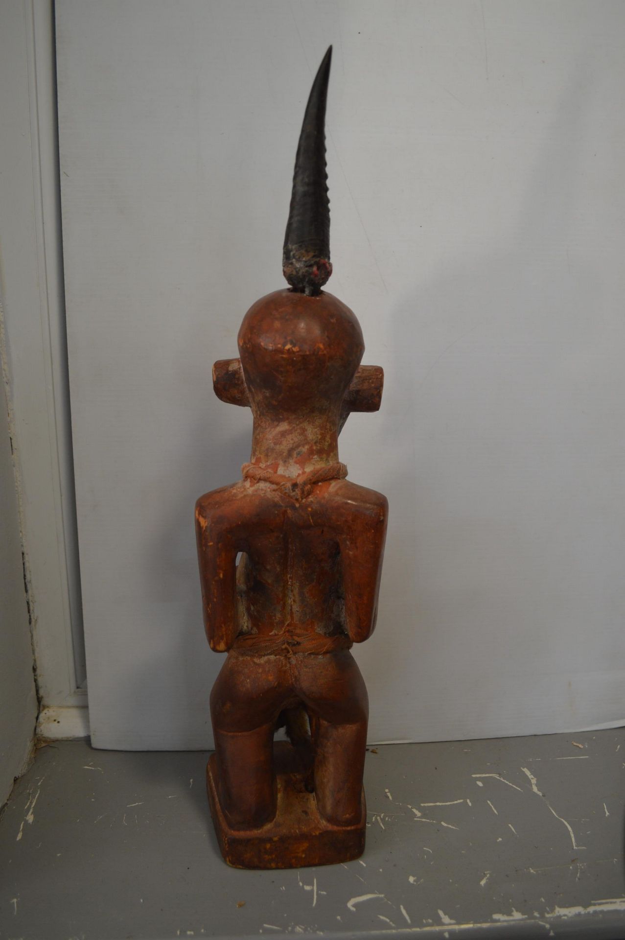 African Carved & Painted Wooden Fertility Figure with Horn and Fur Adornments - Image 3 of 4