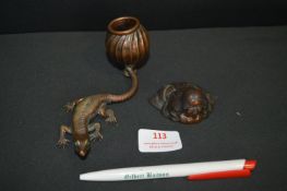 Small Japanese Bronze Kneeling Figure, Lizard with Opium Poppy & Bronze Knife Guard