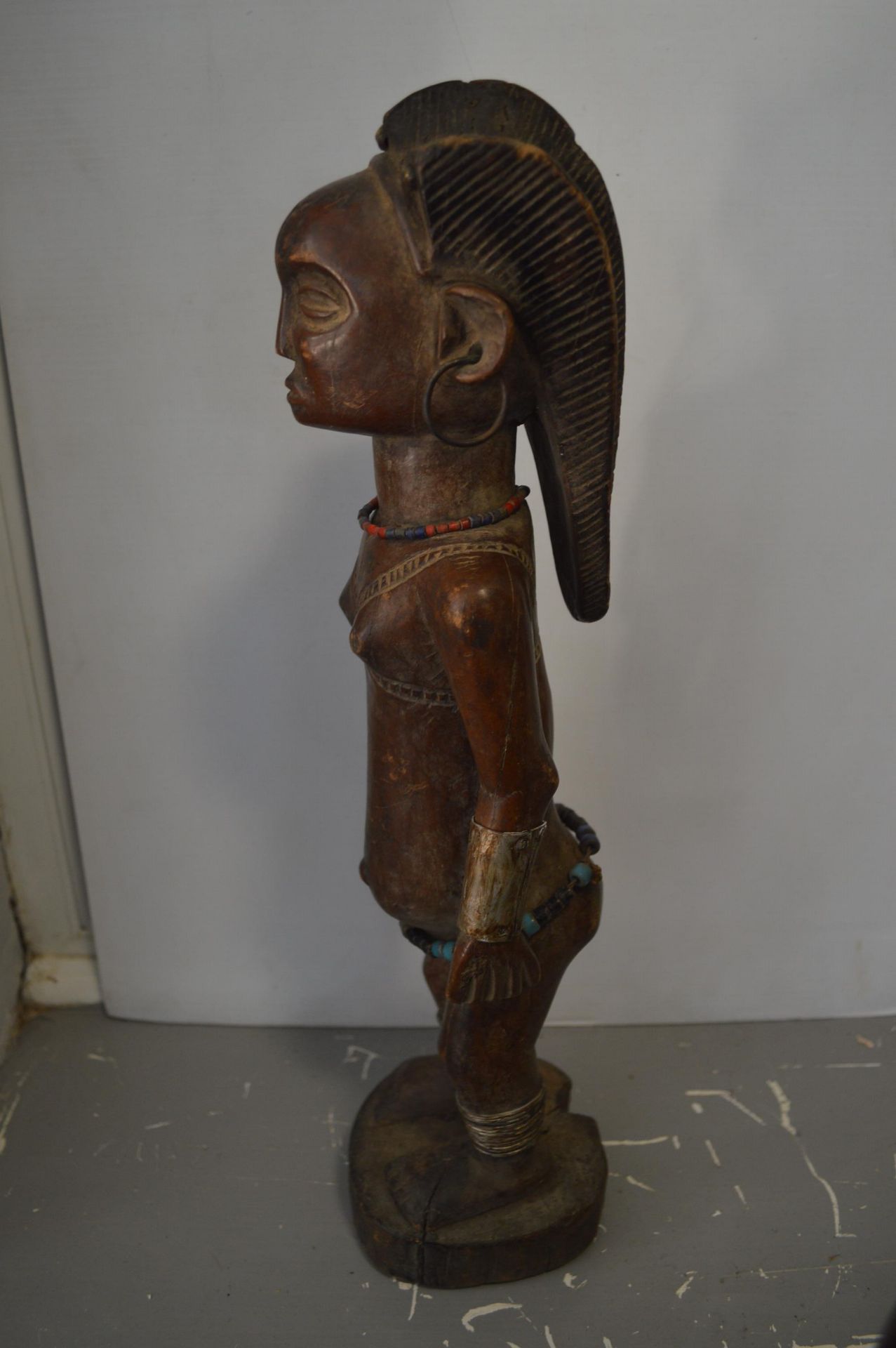 Senufo Carved Wooden Tribal Figure with Beaded and Metal Decoration - Image 2 of 4