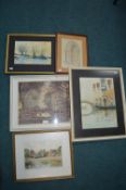 Five Small Framed Print and Watercolours Including a James Neill Signed Print