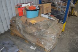*Pallet of Assorted Flatpack Boxes, Fire Alarm Panel, Buckets