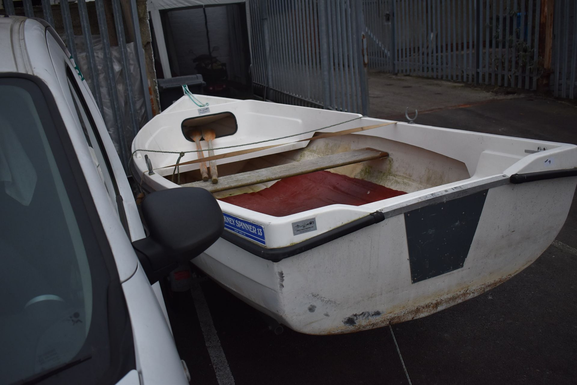*Fiberglass Dinghy Boat 13ft x 5'5" with Oars, Tohatsu 5 Outboard Motor, and Trailer - Image 4 of 11