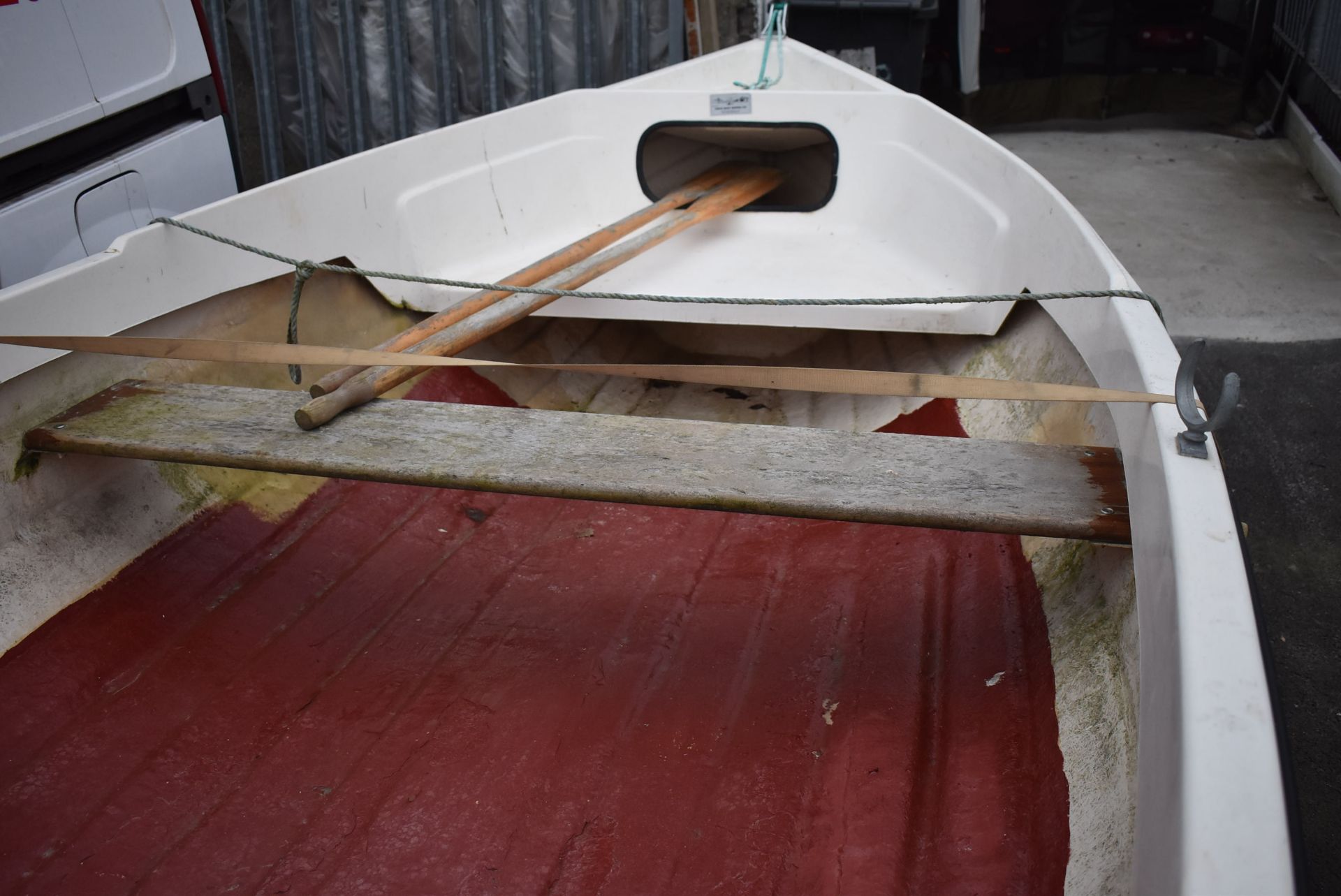 *Fiberglass Dinghy Boat 13ft x 5'5" with Oars, Tohatsu 5 Outboard Motor, and Trailer - Image 7 of 11