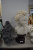 Classical Style Bust (damage to base), and an Inuit Wolf Sculpture (some damage)