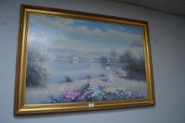 Gilt Framed Oil on Canvas Lakeside Scene by Louis