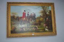 Gilt Framed Oil on Canvas Hunting Scene Signed Jac