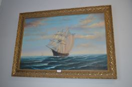 Gilt Framed Oil on Canvas of a Sailing Ship by Amb