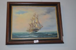 Framed Oil on Canvas Sailing Ship Scene by Ambrose