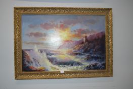 Gilt Framed Oil on Canvas Lighthouse Coastal Scene