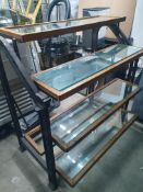 *cast iron framed heavy industrial shelving unit with glass and rustic wooden shelves - 1400w x 800d