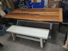 * large heavy wooden table with hardwood bench. 2150w x 1030d x 780h. Slight damage to top -