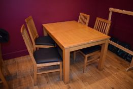 *Oak Draw Leaf Table on Square Legs and Four Matching Spindleback Chairs with Upholstered Seats