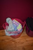 *Pink Plastic Tub Containing Dish Cloths and Tea Towels