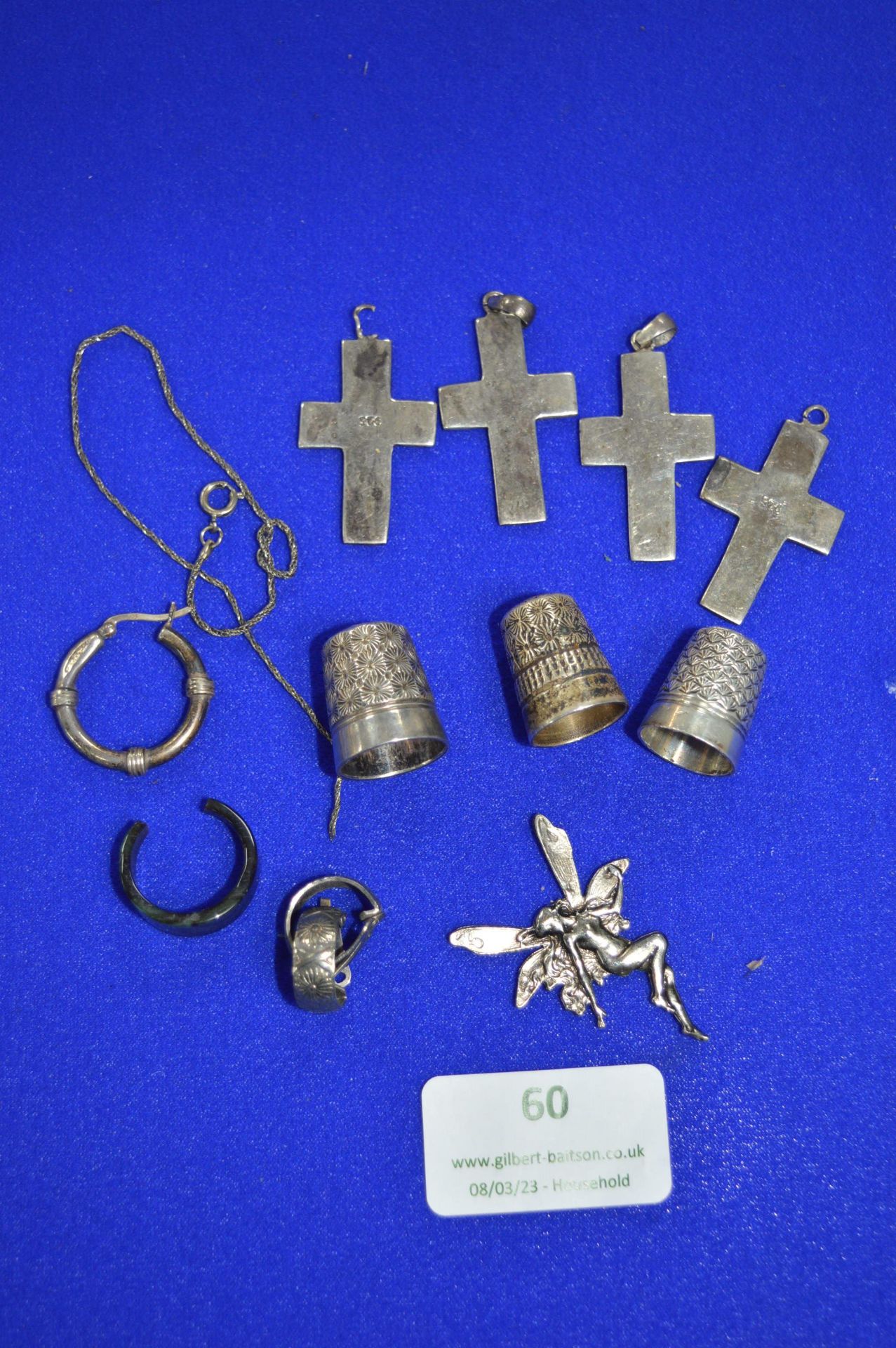 925 Sterling Silver Crucifixes, Assorted Jewellery, Pendants, and Continental Silver Thimbles, etc.