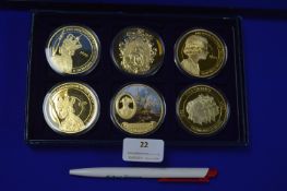 Six Assorted Gold Plated Commemorative Coins