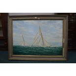 Oil on Canvas Yacht Racing Scene "Defender Defeats Valkyrie III" by Bryan Mays
