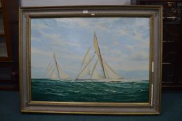 Oil on Canvas Yacht Racing Scene "Defender Defeats Valkyrie III" by Bryan Mays