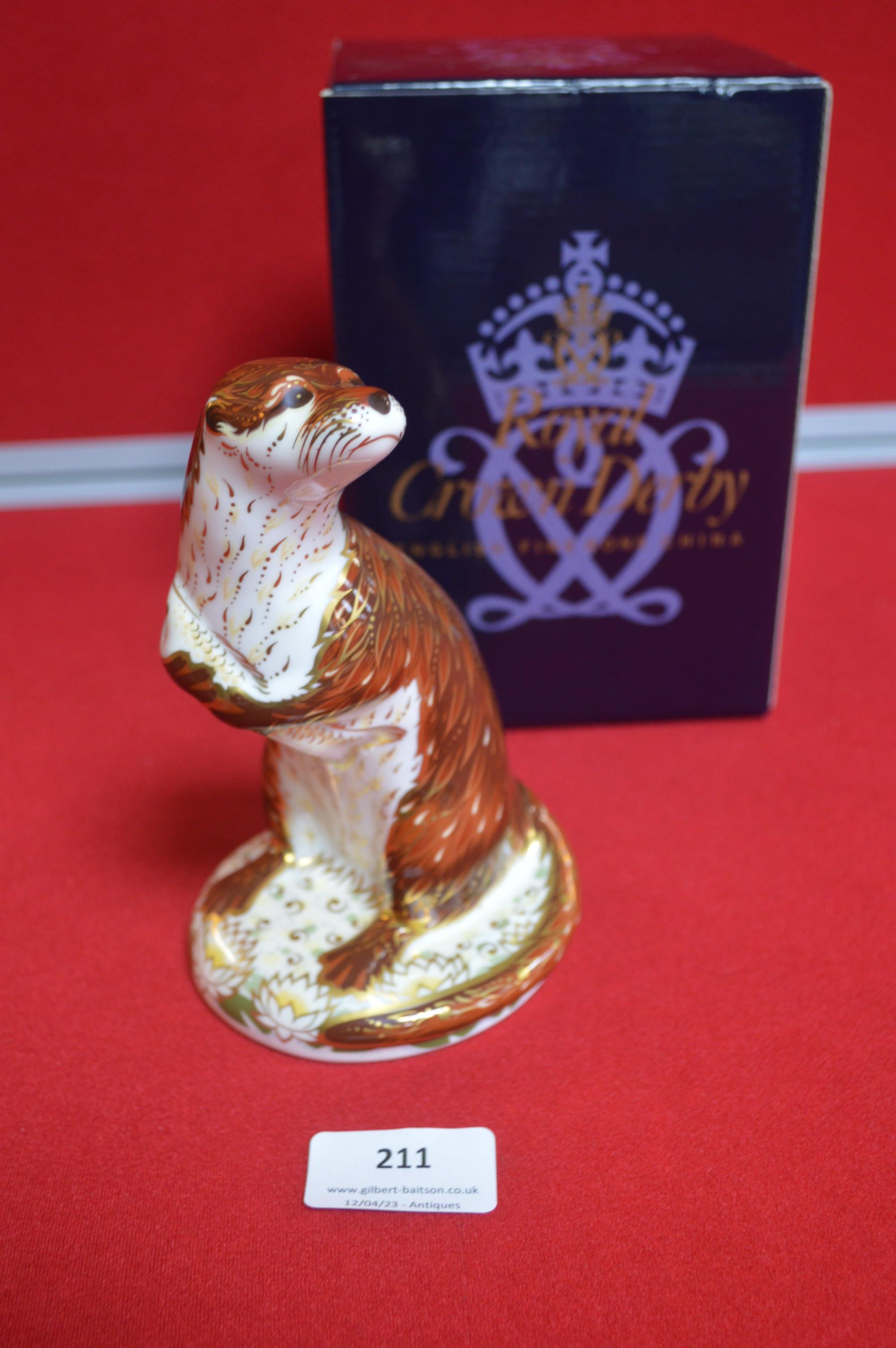 Royal Crown Derby Playful Otter Paperweight with Gold Stopper and Original Packaging