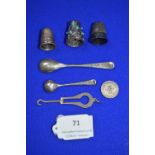 Silver Thimbles, Mustard Spoons, Button Hook, etc. ~31g gross